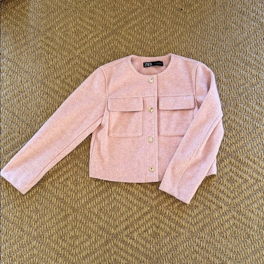 Zara Soft Pink Cropped Pocket Button Jacket